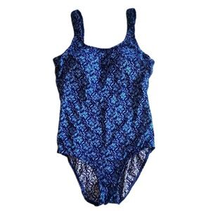 LL Bean Swimsuit Scoop Neck Tanksuit Resort Modest Blue Floral Womens Sz 16